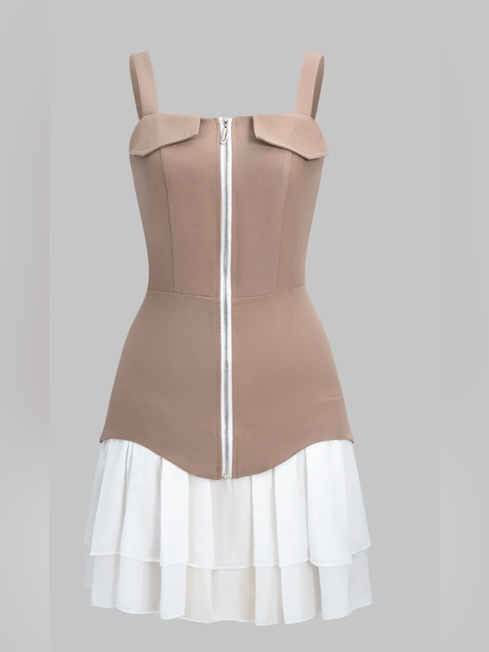 Women’s Beige Corset Mini Dress Zip Front Ruffle Hem Strappy S/M Bodycon - Picture 2 of 5